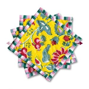 NWT Furbish Henney Yellow Floral Block Print Coasters Set of 4 With Bag